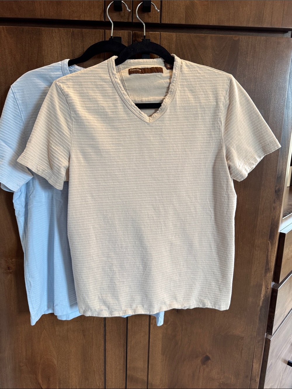 Two Perry Ellis Men's Cream and Light Blue Short-Sleeve V-Neck Shirt